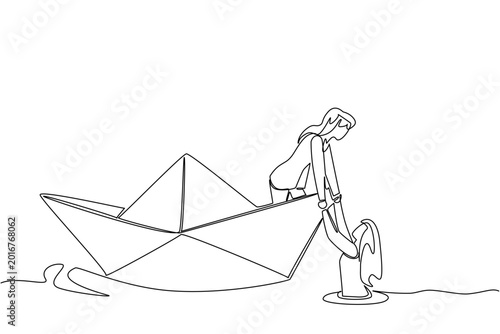 Photos Continuous line drawing portraying a beauty businesswoman on a paper ship pulling a drowning coworker outside the sea