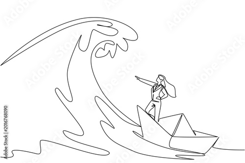 Photography Single line drawing of a beauty businesswoman riding a paper boat challenge over massive ocean waves