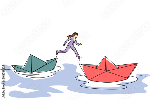 Fotografi Continuous line drawing of a beauty businesswoman jump leaping across ocean water between two different sinking paper ships