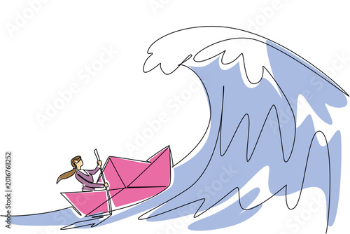 Billede på lærred Continuous line drawing showing beauty business woman rowing paper ship close to fight giant wave in the sea