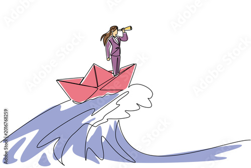 Photography Single line drawing presenting a beauty female woman riding a paper ship over high waves looking through a spyglass