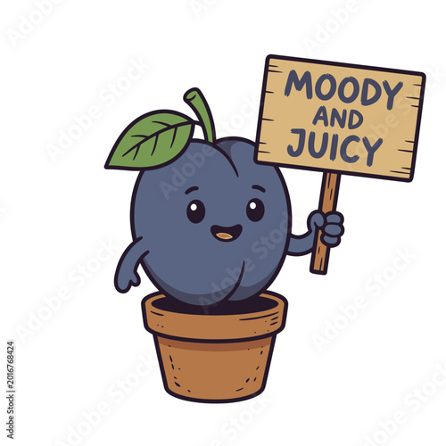 Fotografía Smiling cartoon plum in pot.