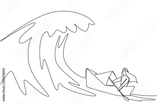 Konstfotografi Continuous line drawing features young handsome Arabian man paddling a paper ship chasing giant sea wave storm
