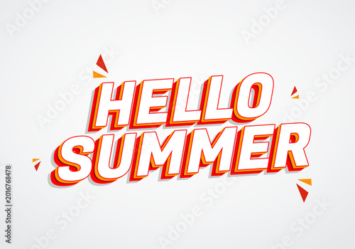 Bold 3D text reading hello summer in red and orange on a light gray background with small confetti accents