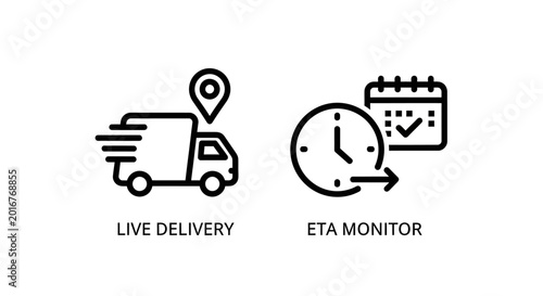 Photography Live delivery tracking truck and eta monitor clock with calendar icons, delivery