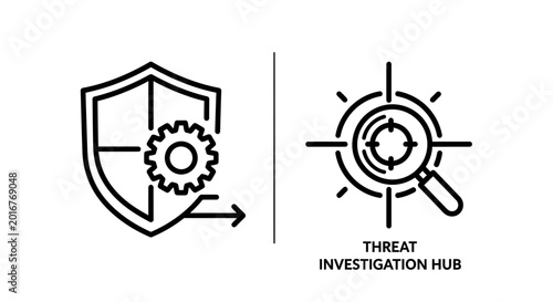 Threat investigation hub security shield and magnifying glass icon set