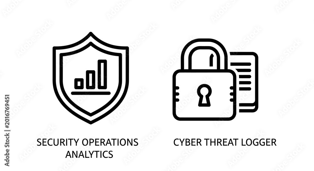 Fototapeta premium Security operations analytics and cyber threat logger icons with security