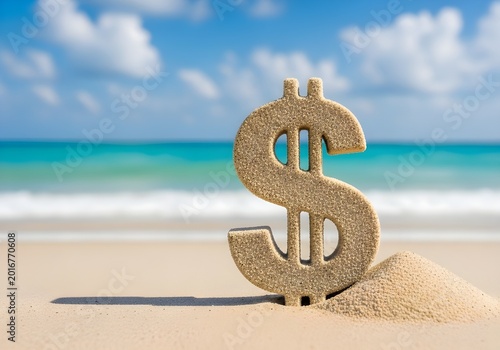 A dollar sign made of sand on a beach with a blue sky