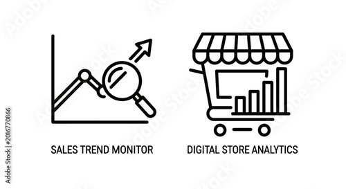 Photos Sales trend monitor and digital store analytics icons with e commerce, analytics
