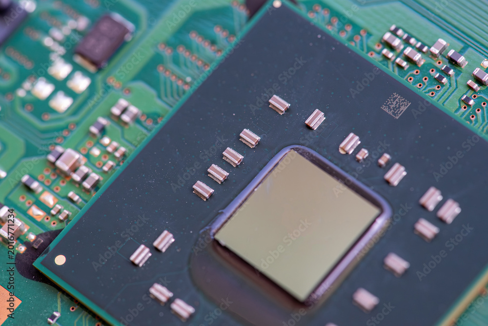 Fototapeta premium Abstract, Close up at electronic circuits, we see the technology of the mainboard, which is the important background of the computer. Electronic computer hardware technology,Motherboard digital chip. 