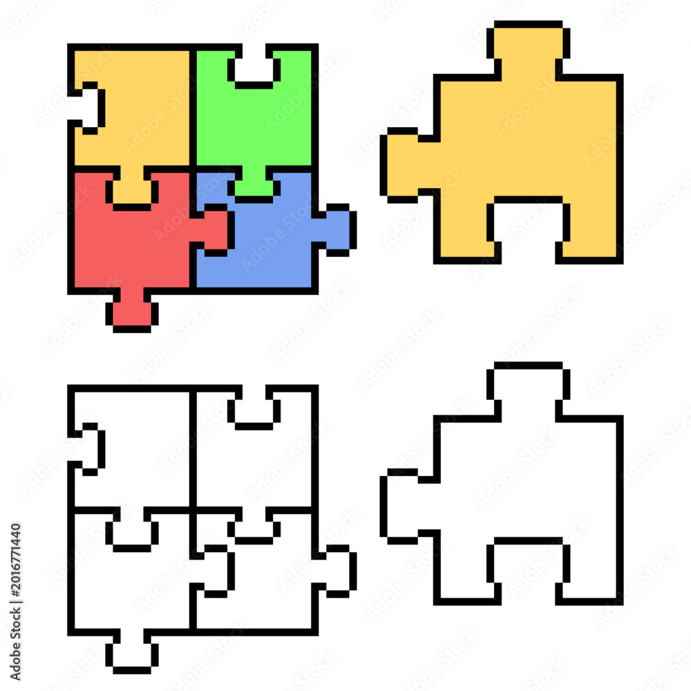 Fototapeta premium Set editable pixel puzzle jigzaw vector. Ideal for web interfaces, symbolizing digital problem solving, gaming challenges, tech connections, and retro logic games.