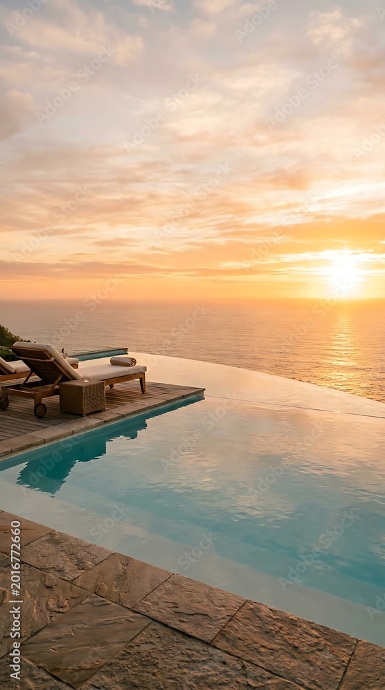 Naklejka premium Luxury infinity pool overlooking ocean sunset with lounge chairs perfect for vacation relaxation and travel destination
