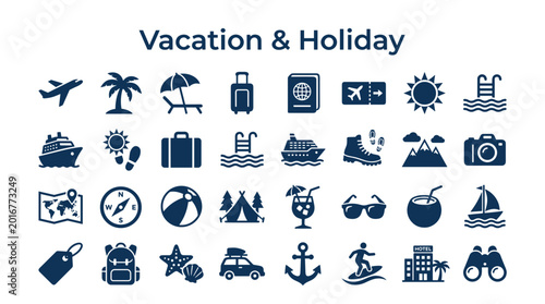 Canvastavla Collection of vacation and holiday travel icons representing various aspects of