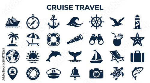 Bild auf Leinwand Cruise travel icons collection for vacation and adventure sea voyages depicting