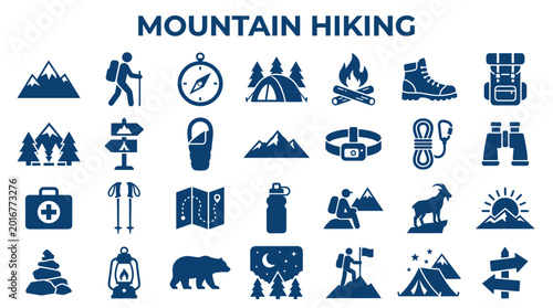 Obraz na płótnie Mountain Hiking Adventure Gear and Icons Collection Representing Outdoor Activit