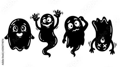 Valokuva A group of four black cartoon ghosts with distinct facial expressions