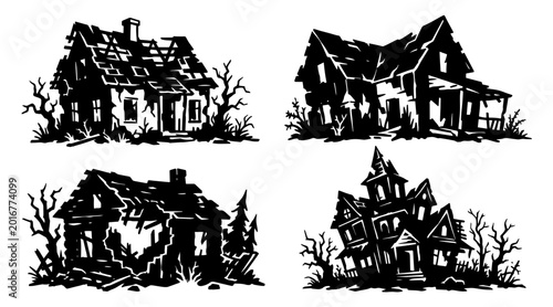 Photography A collection of four black silhouette illustrations depicting various abandoned and dilapidated houses