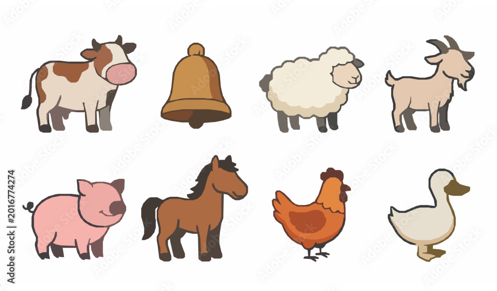 Fototapeta premium Farm animal icons vector set cow sheep pig horse chicken duck