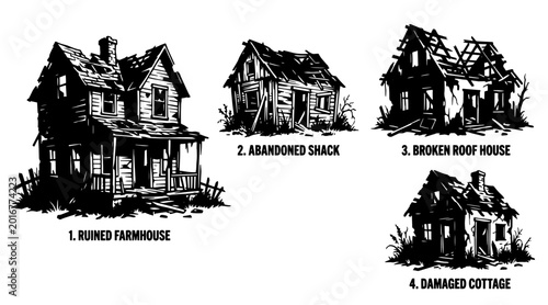 Tableau sur toile A set of five graphic illustrations depicting various styles of ruined and derelict houses