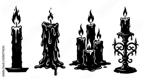 Photography A collection of four distinct black candle illustrations with flickering flames against a stark white backdrop