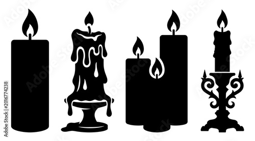 Fotografie A collection of four distinct black candle illustrations with flickering flames against a stark white backdrop