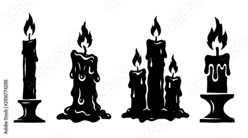 Tablou pe pânză A collection of four distinct black candle illustrations with flickering flames against a stark white backdrop
