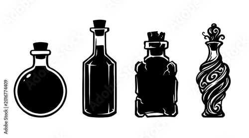 Fotografie A collection of four distinct potion bottles rendered in silhouette against a white background
