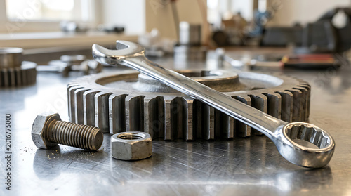 Close-up of a metal wrench resting on a large gear with bolts and nuts in a workshop