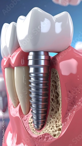 A dental implant inserted into a jawbone with gums and teeth