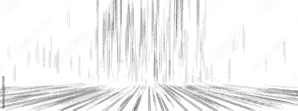 Fototapeta premium Black halftone perspective grid pattern with abstract vertical lines on transparent background.