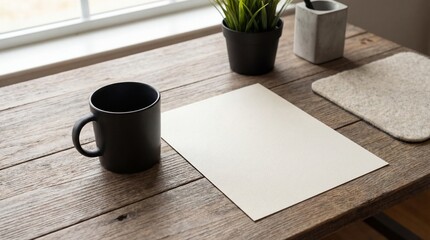 Black ceramic mug with blank paper on wooden desk in neutral setting perfect for office branding, print mockups and minimalist workspace visuals