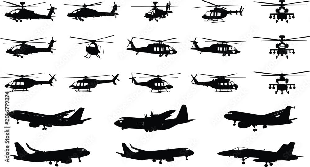 Fototapeta premium Helicopter and airplane silhouette vector collection featuring military aircraft transport aviation and jet icons set