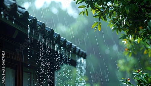 A quiet urban walkway surrounded by lush green trees during rainy weather, creating a calm and cinematic mood with soft natural lighting.