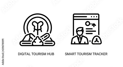 Digital tourism hub and smart tourism tracker icons with line art, business