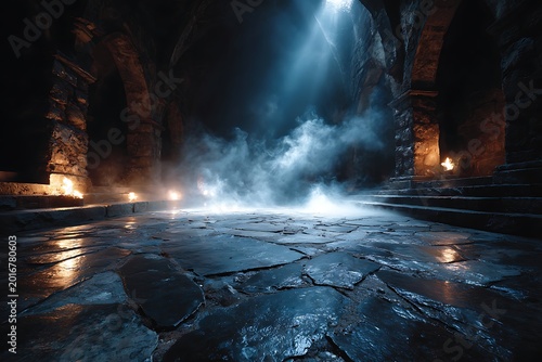 Ethereal blue mist rises from a cracked stone floor in a dark ancient hall with torchlight