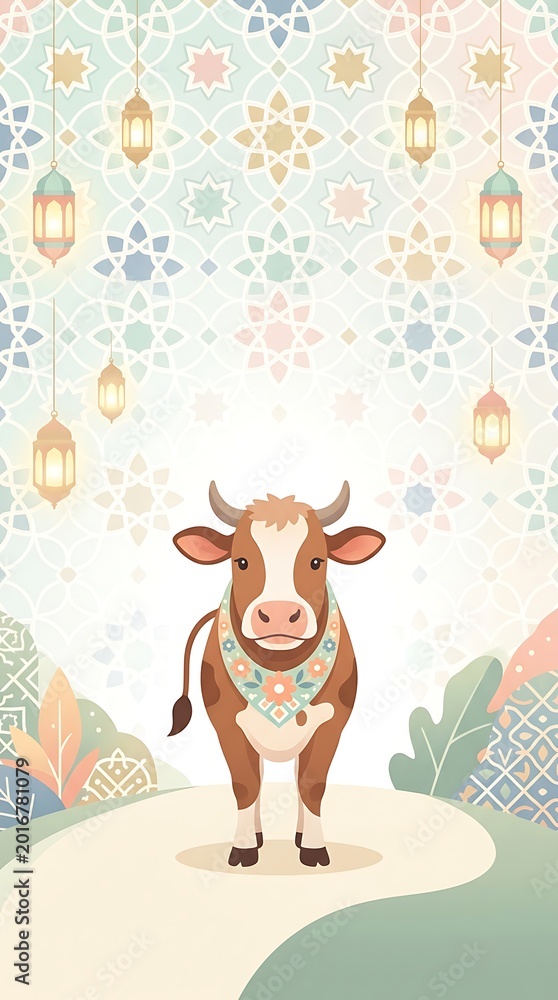 Naklejka premium Eid al Adha Greeting Card with Cute Cow and Islamic Pattern