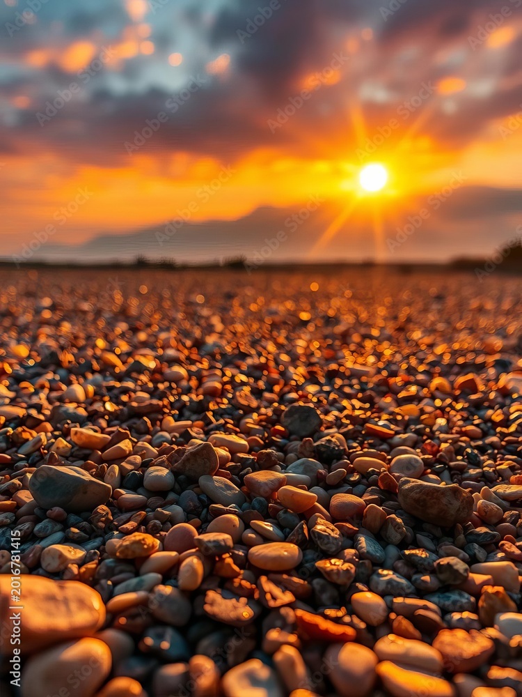 Obraz premium Sun-drenched pebbles shimmer, a granular mosaic under an intense, jewel-toned sky, extreme detail, pebbles, abstract