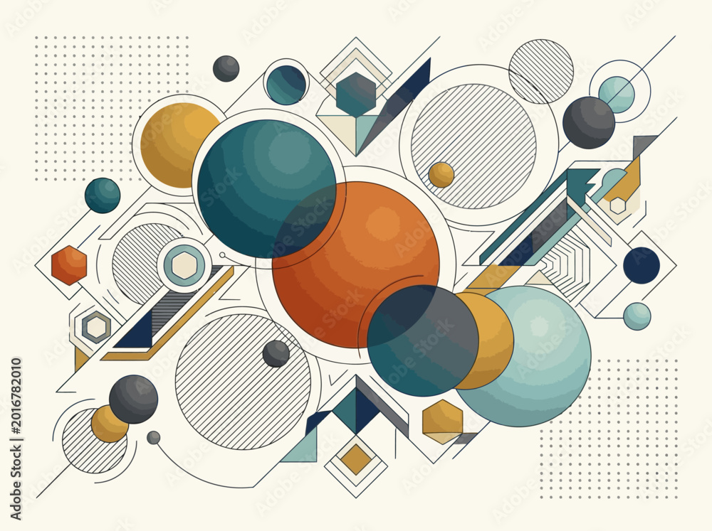 Obraz premium Abstract Geometric Composition with Circles, Hexagons, and Lines in Mid-Century Modern Bauhaus Style