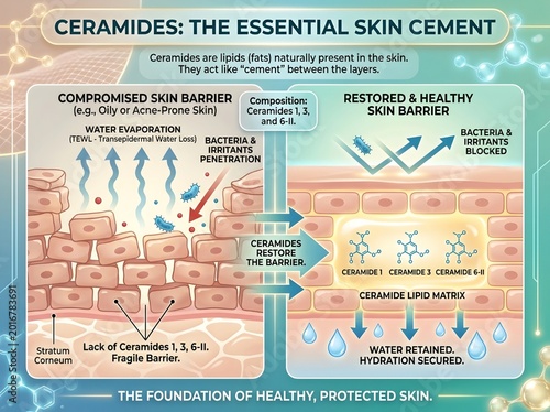 Ceramides Skin Barrier Restoration Infographic — Compromised vs Healthy Stratum Corneum Scientific Diagram