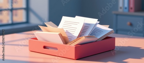 Red tray filled with assorted documents and folders on a sunlit desk near a window.