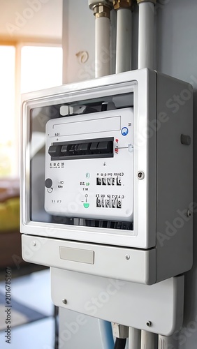 Electricity meter on a wall indoors.