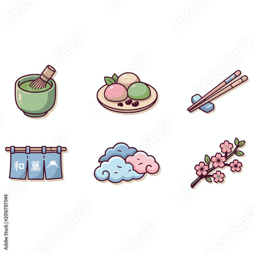 Japanese Matcha Tea and Wagashi Sweets Sticker Set with Sakura and Noren
