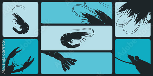Schilderij op canvas Abstract vector illustration of various shrimp and crustaceans in blue and black tones, perfect for seafood themes
