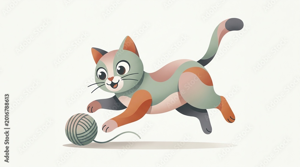 Obraz premium Cute playful kitten jumps forward to chase a round ball of yarn in this colorful and artistic flat vector illustration