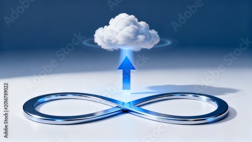 Metallic Infinity Symbol with Blue Arrow Pointing to Cloud for Cloud Computing Data Storage and DevOps Software Development