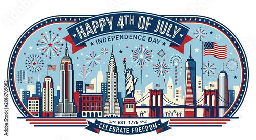 Vibrant Fourth of July Celebratory Skyline with Fireworks and patriotic symbols