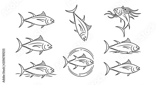 Set of Tuna Fish Line Art Icons, Minimalist Seafood Design