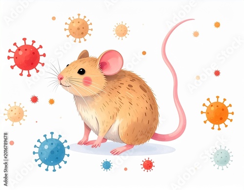 Whimsical mouse with light brown fur surrounded by colorful virus particles in air on white background
