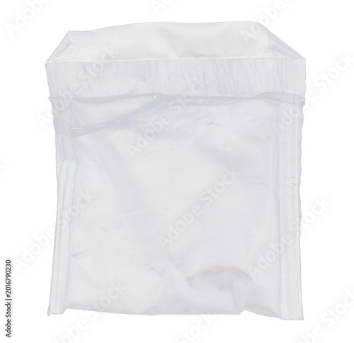 Clear transparent plastic cushioning bag isolated on black background, protective packaging material, square poly bag with sealed top