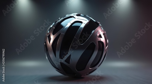Abstract metallic sphere with intricate geometric cutouts glowing under dramatic stage spotlights in a dark room setting for modern digital art